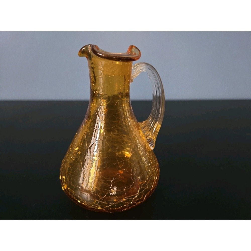 PILGRIM MINIATURE AMBER CRACKLE GLASS PITCHER JUG HAND BLOWN FREE FLOW‎ GLASS